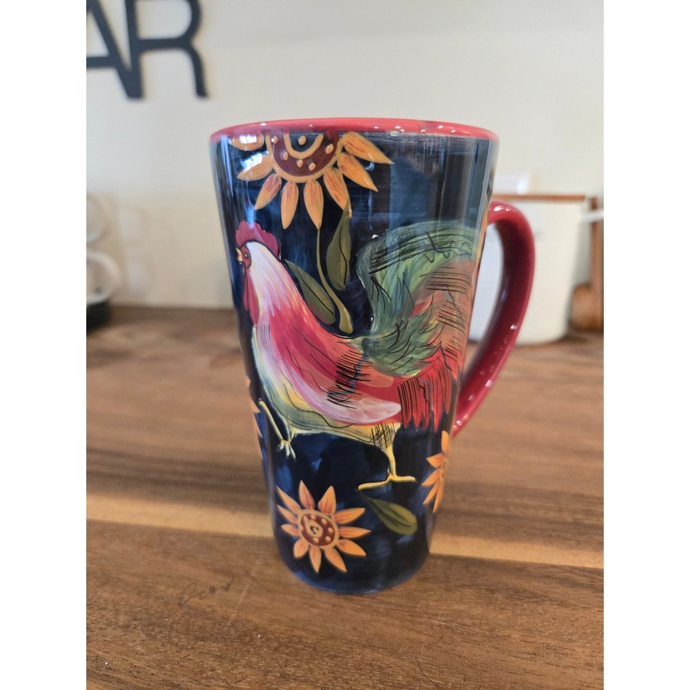 Certified International Susan Winget Rooster Sunflower Latte Mug Navy Red Tall